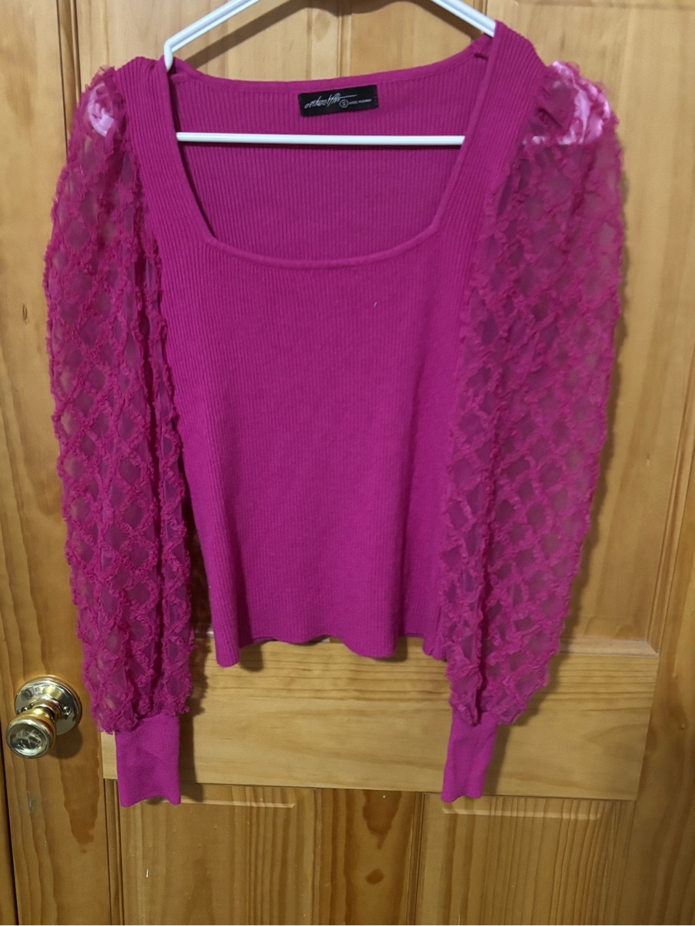 Pink Lace-Sleeve Ribbed Knit Top
